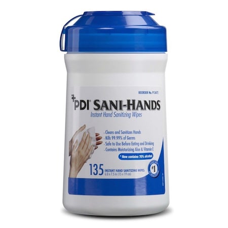 Sani-Hands Hand Sanitizing Wipes, Ethyl Alcohol, Canister, Unscented, 6x7.5in, 135PK P13472